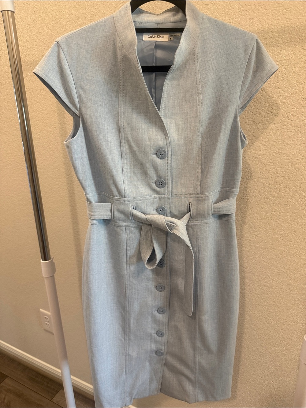 Calvin Klein Light Blue Button-Front Belted Sheath Dress